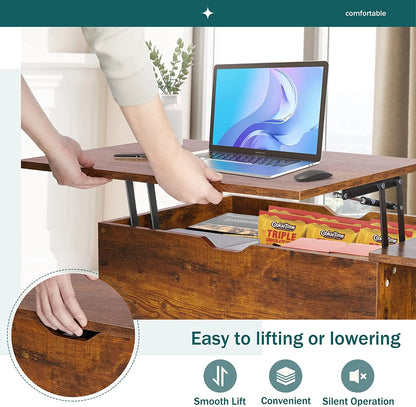 Adjustable Height Wooden Coffee Table with Hidden Compartments and Shelves - Perfect for Small Homes, Apartments, Reception Rooms, Rust Brown