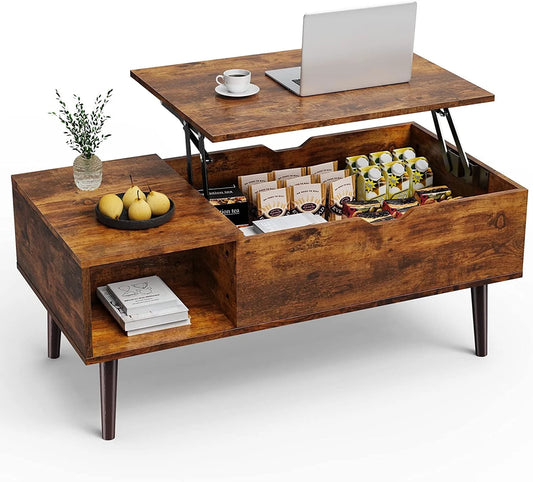 Adjustable Height Wooden Coffee Table with Hidden Compartments and Shelves - Perfect for Small Homes, Apartments, Reception Rooms, Rust Brown